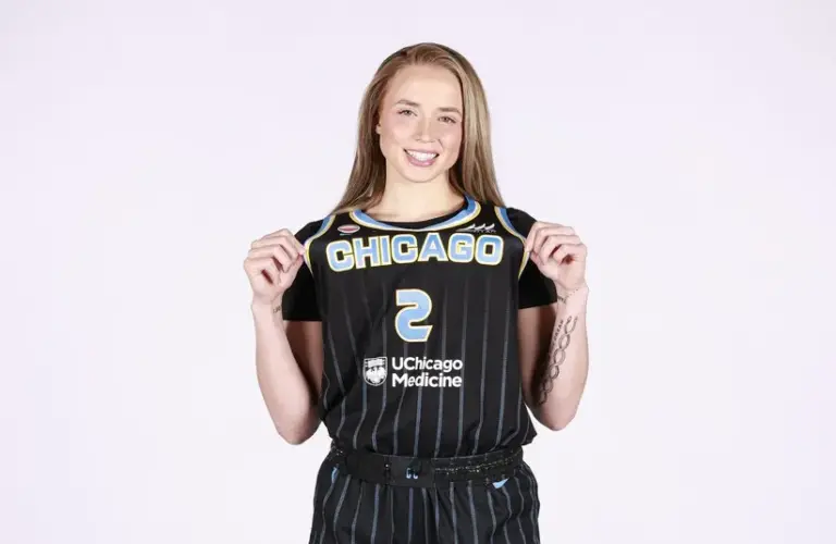 Chicago Sky guard Hailey van Lith (2) poses during media day.