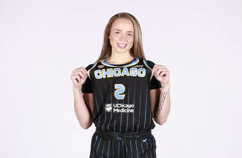 Chicago Sky guard Hailey van Lith (2) poses during media day.