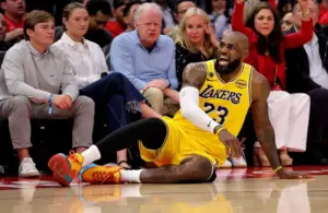 Los Angeles Lakers forward Lebron James (23) reacts after a missed shot.