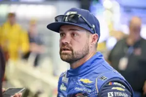 May 2, 2026; Fort Worth, Texas, USA; HYAK Motorsports driver Ricky Stenhouse Jr. (47) is interviewed after the qualifying session for the 2026 Wurth 400 Cup race at Texas Motor Speedway.