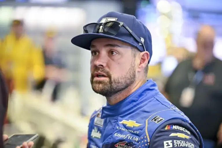 May 2, 2026; Fort Worth, Texas, USA; HYAK Motorsports driver Ricky Stenhouse Jr. (47) is interviewed after the qualifying session for the 2026 Wurth 400 Cup race at Texas Motor Speedway.