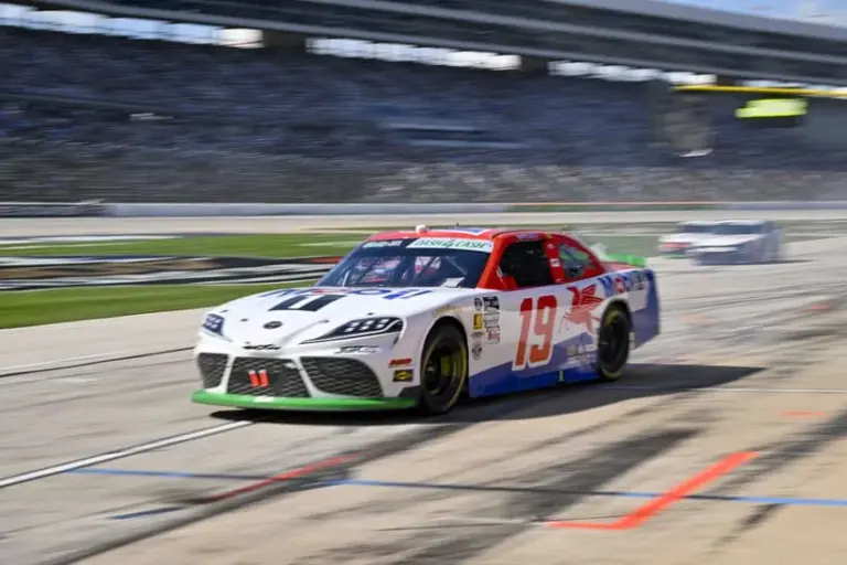 May 2, 2026; Fort Worth, Texas, USA; Joe Gibbs Racing driver Brent Crews (19) comes off pit lane during the 2026 Andy's Frozen Custard 340 at Texas Motor Speedway.