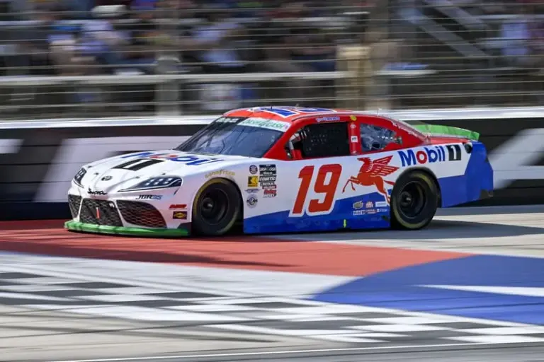 May 2, 2026; Fort Worth, Texas, USA; Joe Gibbs Racing driver Brent Crews (19) drives during the 2026 Andy's Frozen Custard 340 at Texas Motor Speedway.