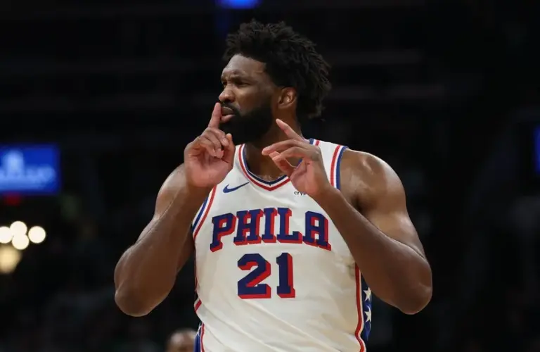 Philadelphia 76ers center Joel Embiid (21) silences the crowd.