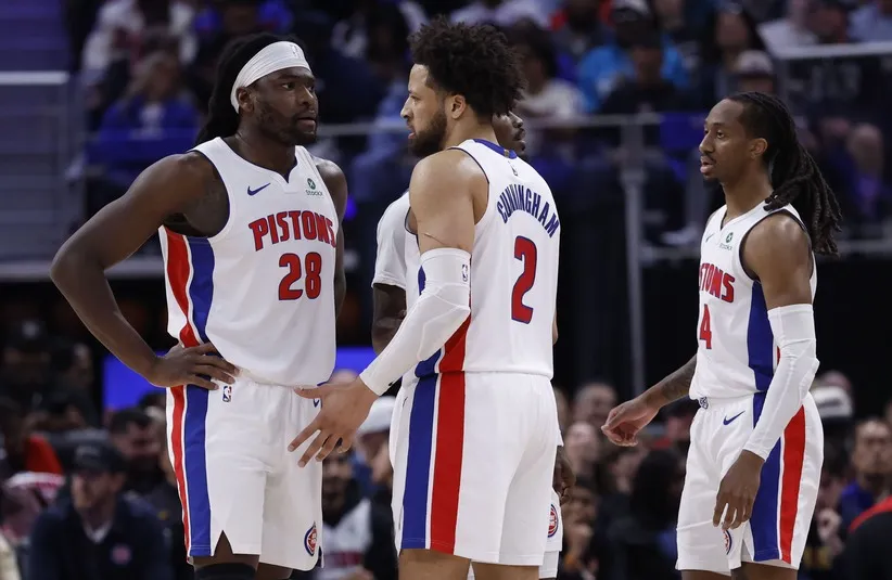 Detroit Pistons guard Cade Cunningham (2) talks to forward Isaiah Stewart (28).