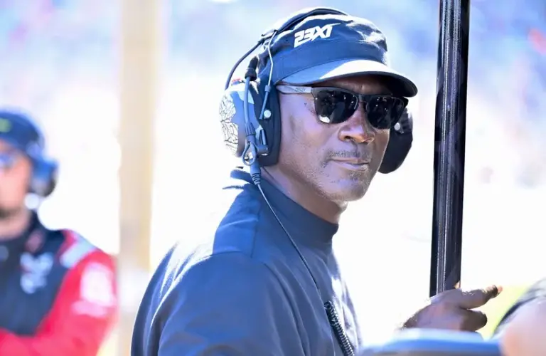 Racing owner Michael Jordan looks on during 2026 Wurth 400 cup race.