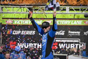 May 3, 2026; Fort Worth, Texas, USA; Hendrick Motorsports driver Chase Elliott (9) celebrates in victory lane after he wins the 2026 Wurth 400 cup race at Texas Motor Speedway.