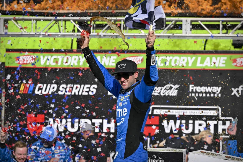 May 3, 2026; Fort Worth, Texas, USA; Hendrick Motorsports driver Chase Elliott (9) celebrates in victory lane after he wins the 2026 Wurth 400 cup race at Texas Motor Speedway.