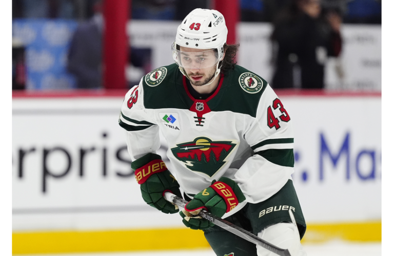 May 3, 2026; Denver, Colorado, USA; Minnesota Wild defenseman Quinn Hughes (43) warms up before game one against the Colorado Avalanche of the second round of the 2026 Stanley Cup Playoffs at Ball Arena. Mandatory Credit: Ron Chenoy-Imagn Images Bruins vs. Wild