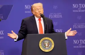 President Donald Trump speaks at a high school on May 1, 2026, in The Villages, Florida.
