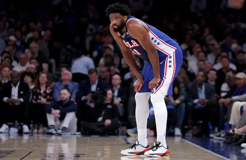 Philadelphia 76ers center Joel Embiid (21) reacts during the first quarter of game one of the eastern conference semifinal round of the 2026 NBA Playoffs against the New York Knicks at Madison Square Garden. Mandatory Credit: Brad Penner-Imagn Images