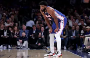 Philadelphia 76ers center Joel Embiid (21) reacts during the first quarter.