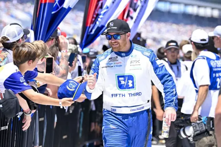 May 3, 2026; Fort Worth, Texas, USA; Roush Fenway Keselowski Racing driver Chris Buescher (17) is introduced before the start of the 2026 Wurth 400 cup race at Texas Motor Speedway.