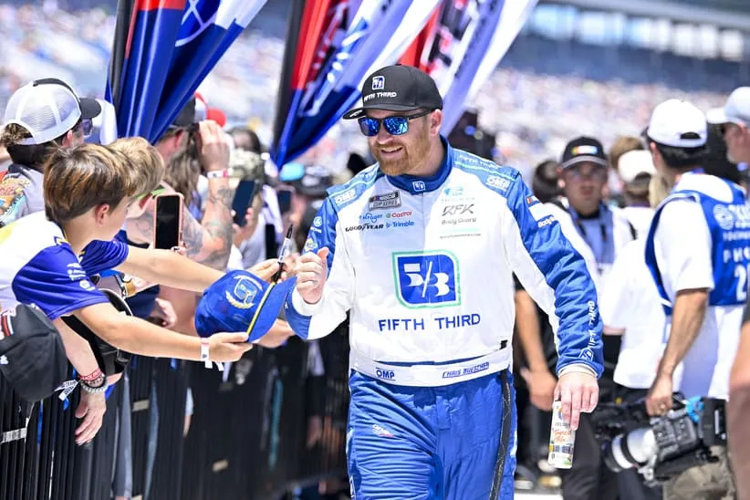 May 3, 2026; Fort Worth, Texas, USA; Roush Fenway Keselowski Racing driver Chris Buescher (17) is introduced before the start of the 2026 Wurth 400 cup race at Texas Motor Speedway.