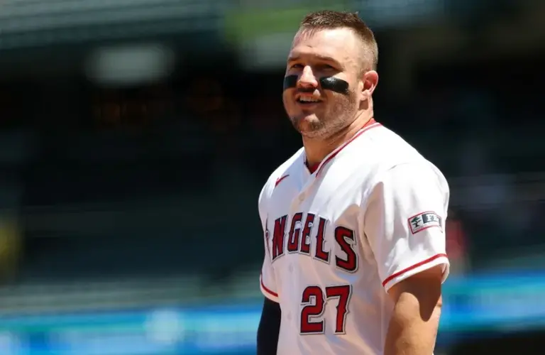 Los Angeles Angels center fielder Mike Trout (27) looks on during the second inning.