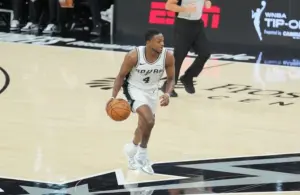 San Antonio Spurs guard De'aaron Fox (4) dribbles up the court.