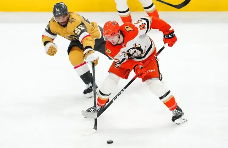Anaheim Ducks right wing Beckett Sennecke (45) steals the puck from Vegas Golden Knights right wing Keegan Kolesar (55).