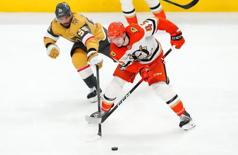 Anaheim Ducks right wing Beckett Sennecke (45) steals the puck from Vegas Golden Knights right wing Keegan Kolesar (55).