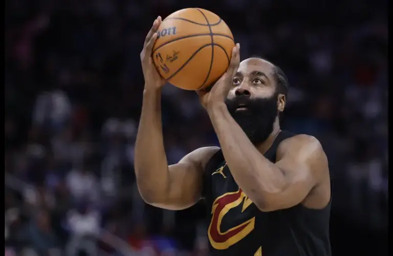 Cleveland Cavaliers guard James Harden (1) shoots in the first half against the Detroit Pistons during game two of the second round of the 2026 NBA Playoffs at Little Caesars Arena