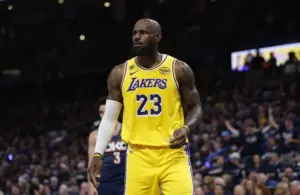 Los Angeles Lakers forward LeBron James (23) reacts after a play.