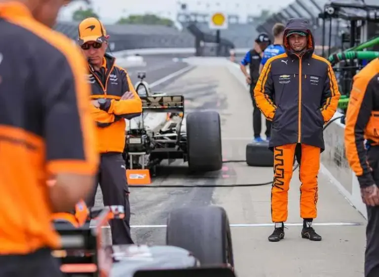 Arrow McLaren driver Pato O'Ward (5) looks on Friday, May 8, 2026, during practice for the Sonsio Grand Prix at Indianapolis Motor Speedway.