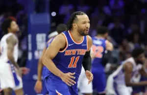 New York Knicks guard Jalen Brunson (11) reacts after a missed shot.