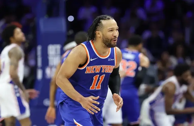 New York Knicks guard Jalen Brunson (11) reacts after a missed shot.