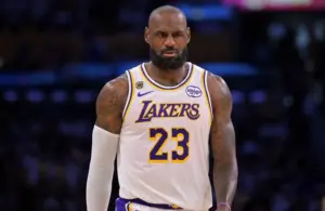 Los Angeles Lakers forward LeBron James (23) reacts after a foul.