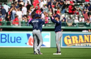 Tampa Bay Rays left fielder Chandler Simpson (14) center fielder Cedric Mullins (31) and right fielder Jonny DeLuca (21) celebrate.