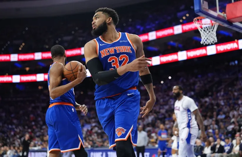 New York Knicks center Karl-Anthony Towns (32) reacts.