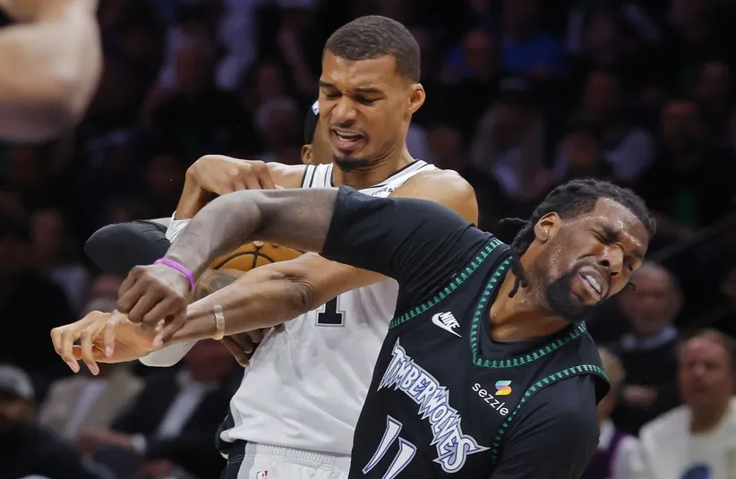 San Antonio Spurs center Victor Wembanyama (1) commits a level two flagrant foul.
