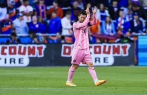 Inter Miami CF midfielder Lionel Messi (10) celebrates after scoring a goal.
