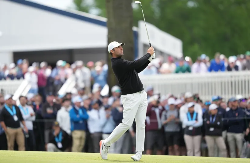 Scottie Scheffler plays his shot on the seventh hole during the second round.