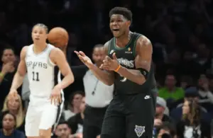 Minnesota Timberwolves guard Anthony Edwards (5) reacts to call.