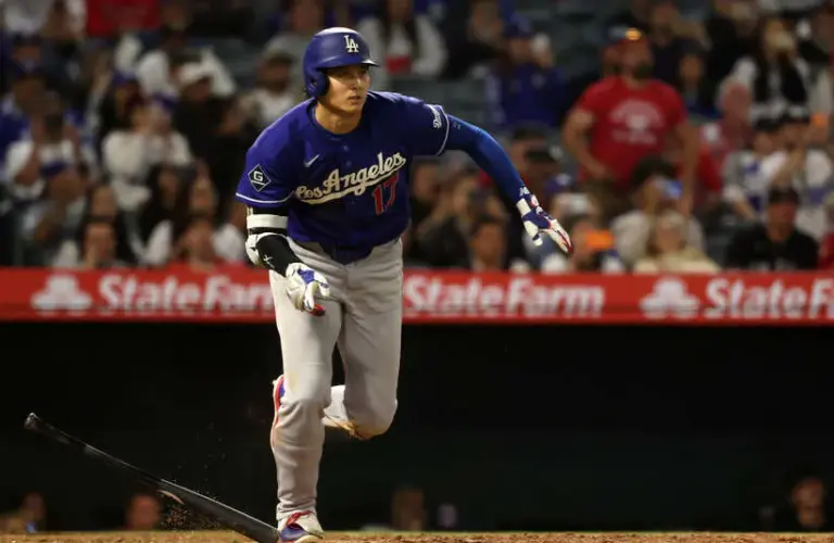 Los Angeles Dodgers two-way player Shohei Ohtani (17) hits an RBI double.