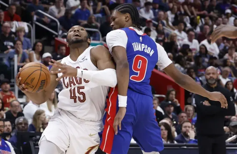 Cleveland Cavaliers guard Donovan Mitchell (45) drives.