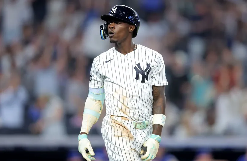 New York Yankees second baseman Jazz Chisholm Jr. (13) reacts.