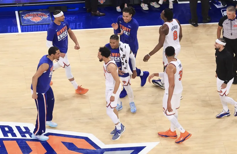 New York Knicks guard Landry Shamet (44) reacts against the Cleveland Cavaliers during overtime.