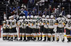 Vegas Golden Knights react after defeating the Colorado Avalanche.