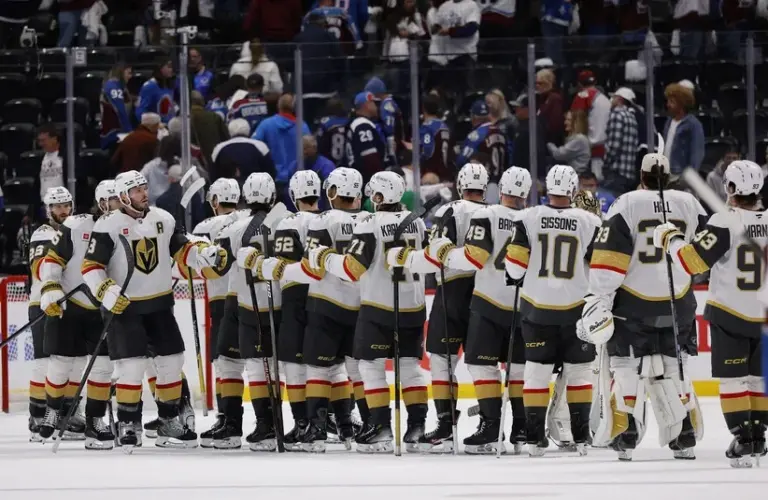 Vegas Golden Knights react after defeating the Colorado Avalanche.
