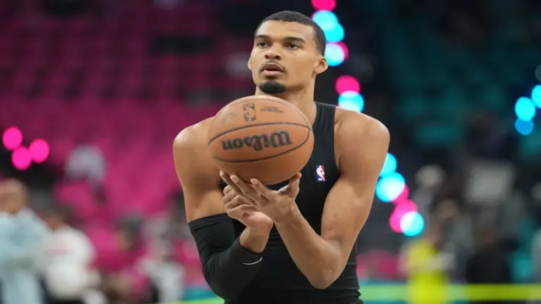 San Antonio Spurs forward Victor Wembanyama (1) practices before game three of the western conference finals for the 2026 NBA playoffs.