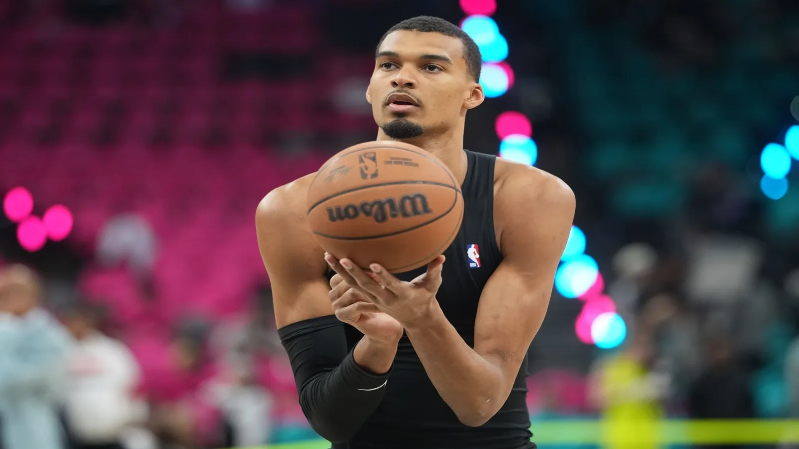 San Antonio Spurs forward Victor Wembanyama (1) practices before game three of the western conference finals for the 2026 NBA playoffs.