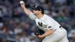 New York Yankees starting pitcher Gerrit Cole (45) pitches against the Tampa Bay Rays.