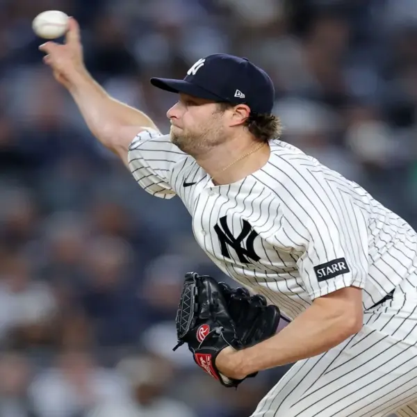 New York Yankees starting pitcher Gerrit Cole (45) pitches against the Tampa Bay Rays.
