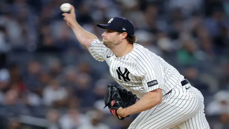 New York Yankees starting pitcher Gerrit Cole (45) pitches against the Tampa Bay Rays.