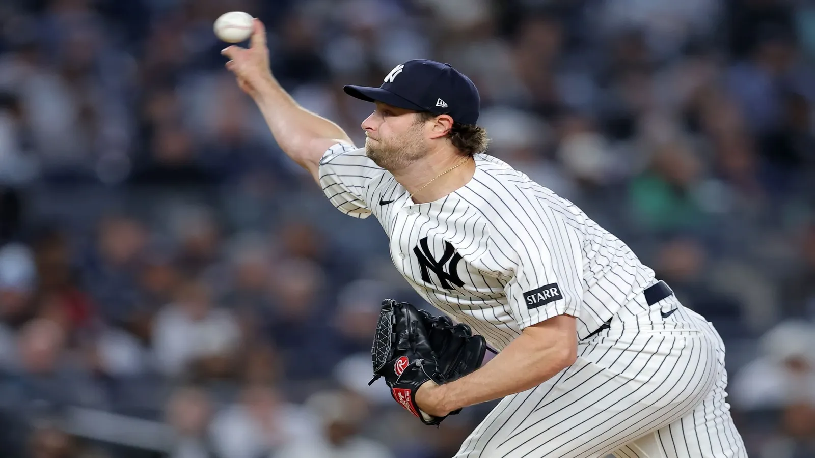 New York Yankees starting pitcher Gerrit Cole (45) pitches against the Tampa Bay Rays.