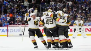 The Vegas Golden Knights celebrate a goal.