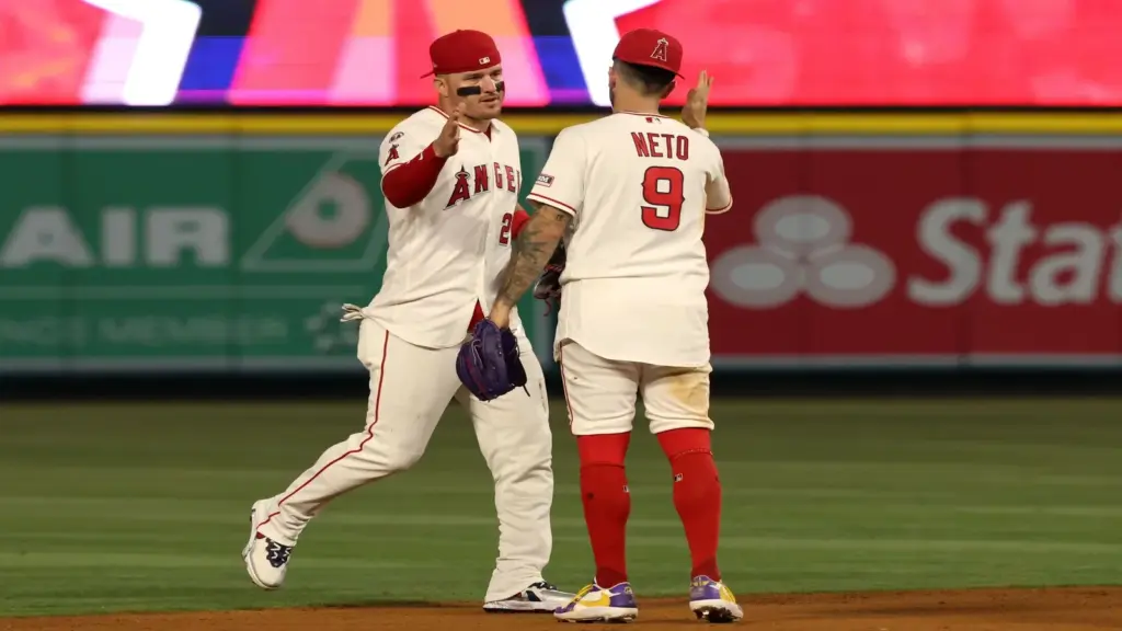 Los Angeles Angels center fielder Mike Trout (left) celebrates with shortstop Zach Neto (9). They are the best players taking on the Yankees right now. Mandatory Credit: Kiyoshi Mio-Imagin Images
