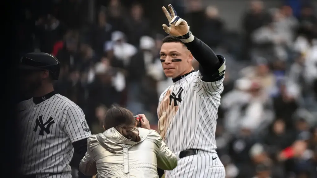 New York Yankees right fielder Aaron Judge (99) reacts after hitting a walk off two run home run.