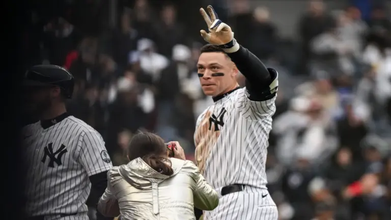 New York Yankees right fielder Aaron Judge (99) reacts after hitting a walk off two run home run.